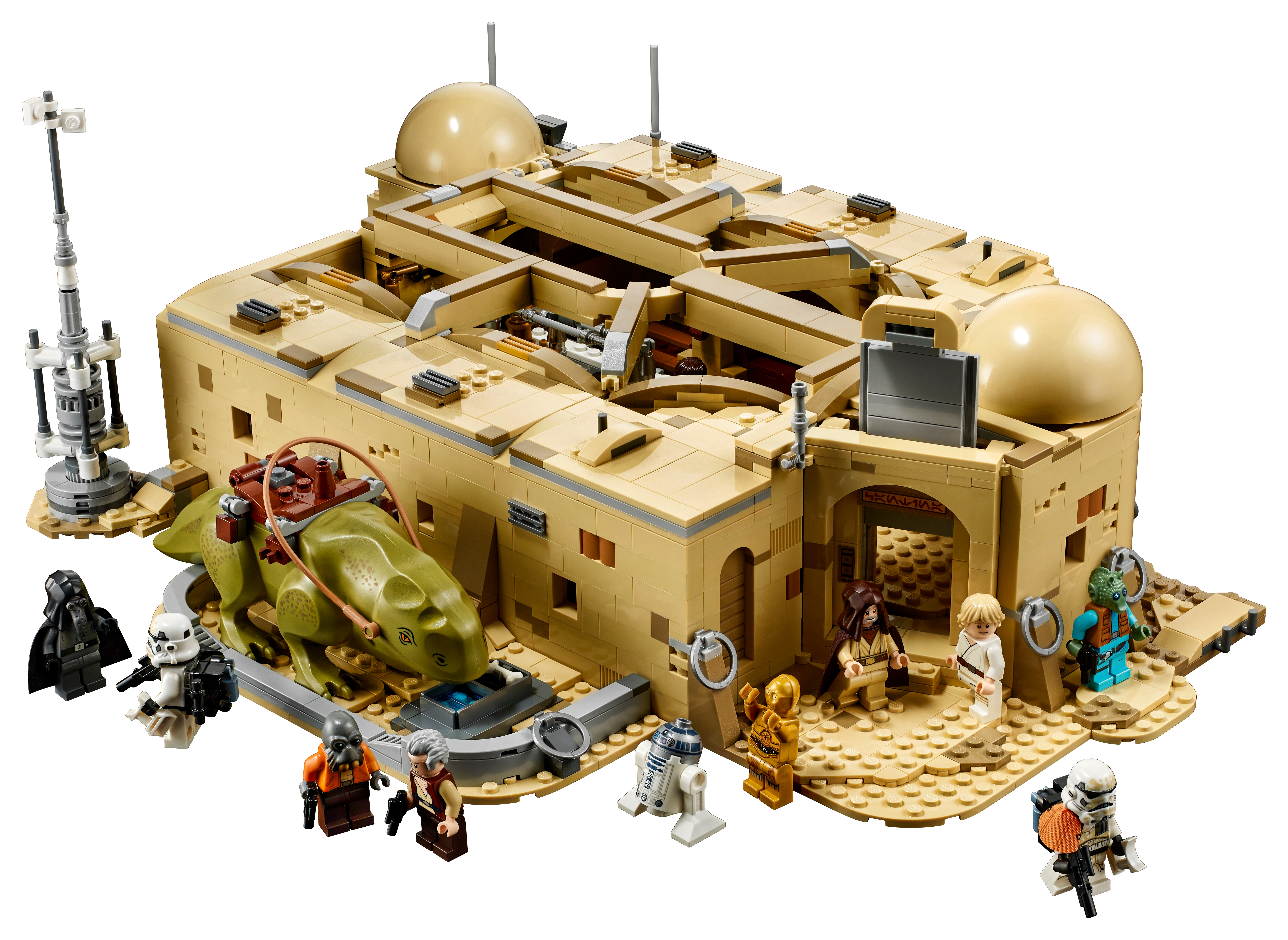 The UCS Mos Eisley Cantina 75290 showing the interior and minifigures.