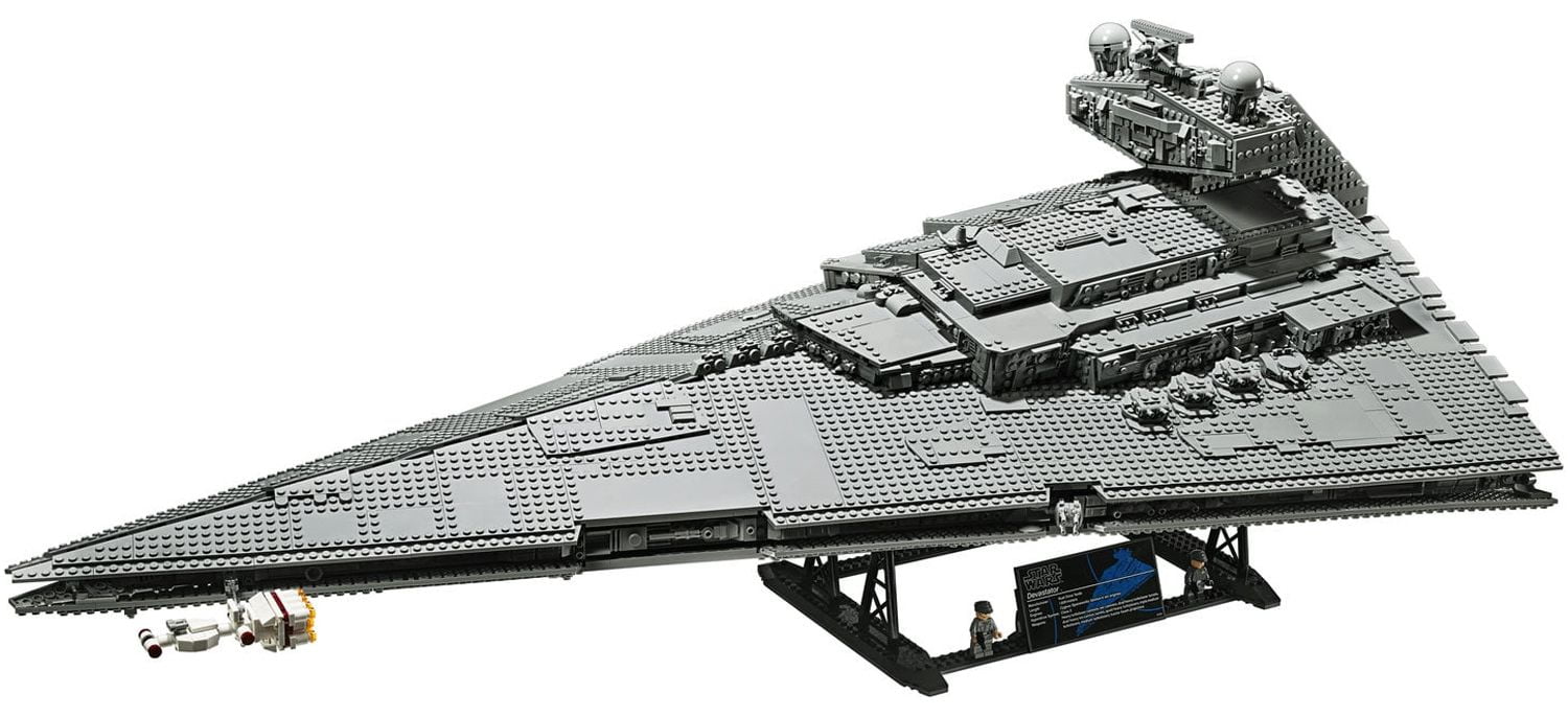 The UCS Imperial Star Destroyer 75252 on its display stand.